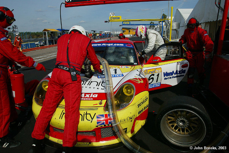 Pit stop for the N-GT winners, Emmanuel Collard and Tim Sugden and The EMKA racing Porsche 996 GT3-RS