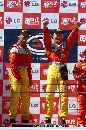Fabio Babini and Philipp Peter celebrate on GT podium