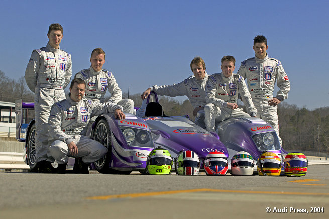 Audi Sport UK Team Veloqx drivers (from left): Guy Smith, Jamie Davies, Johnny Herbert, Frank Biela, Allan McNish, Pierre Kaffer  Road Atlanta