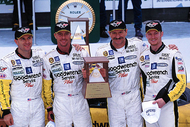 The 2001 Rolex podium, Dale Jnr. with his father, Andy Pilgrim and Kell Collins